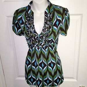 Y2K Retro Vibrant Green & Blue Ruffle V-neck Top With Adjustable Ties